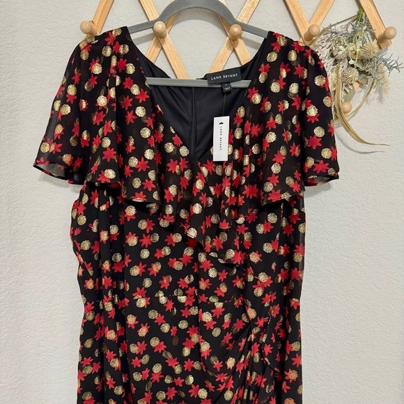 NWT! Lane Bryant Black and Red Gold Metallic Fitted Midi Faux Wrap Dress Size 22 - Picture 5 of 9